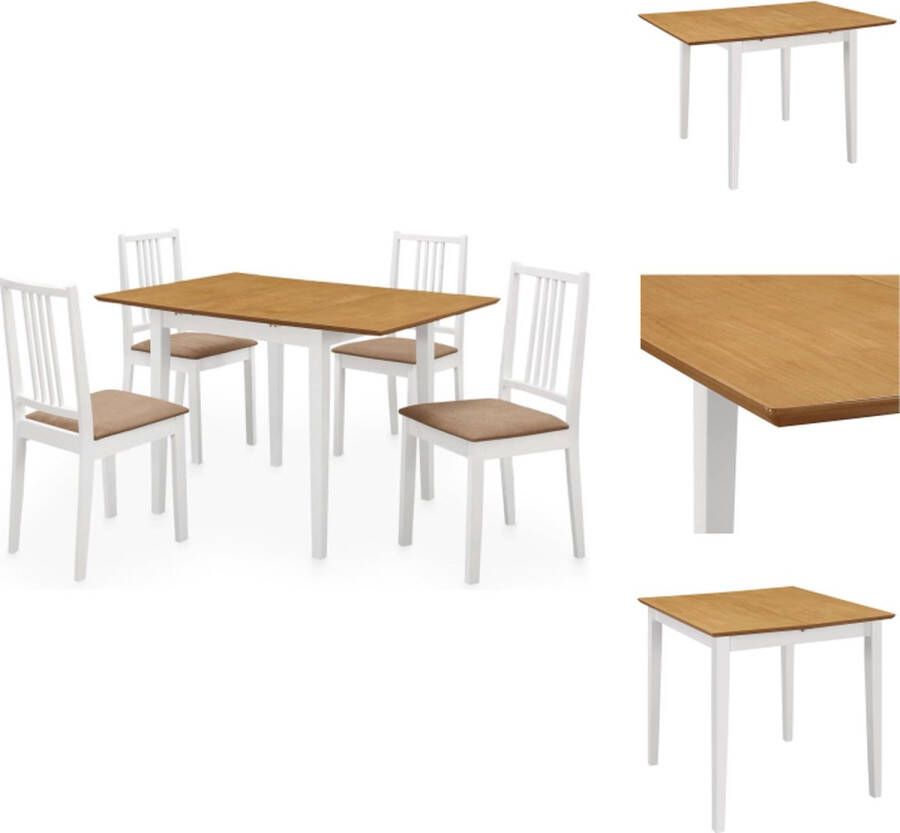 VidaXL Eettafelset wit en bruin (80-120) x 80 x 74 cm massief rubberwooden verlengbaar 4 Eetkamerstoelen wit en crème 100% polyester kussen 40 x 49 x 88.5 cm Set tafel en stoelen