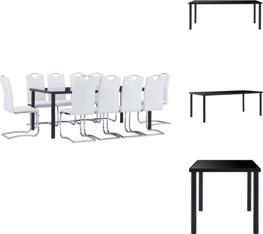 VidaXL Eettafelset Zwart Gehard glas en metaal 200x100x75 cm 10x eetstoel Wit kunstleer 42x52x100 cm Met handvat Set tafel en stoelen