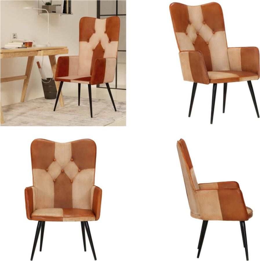 VidaXL Fauteuil echt leer bruin en crèmekleurig Fauteuil Fauteuils Armstoel Zetel
