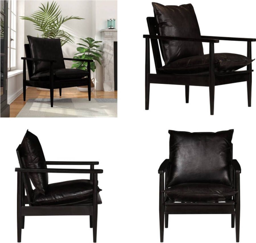 VidaXL Fauteuil echt leer met acaciahout zwart Fauteuil Fauteuils Bank Banken