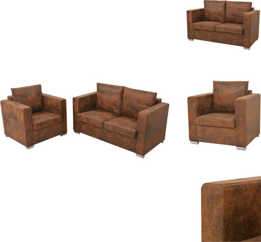 vidaXL fauteuil en 2-zitsbank bruin houten frame kunstsuède bekleding vintage suède-look afneembare zit- en rugkussens eenvoudig te monteren Bank