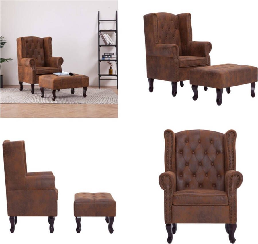 VidaXL Fauteuil en voetenbank Chesterfield-stijl kunstsuède bruin Fauteuil En Kruk Fauteuils En Krukken Stoel Stoelen