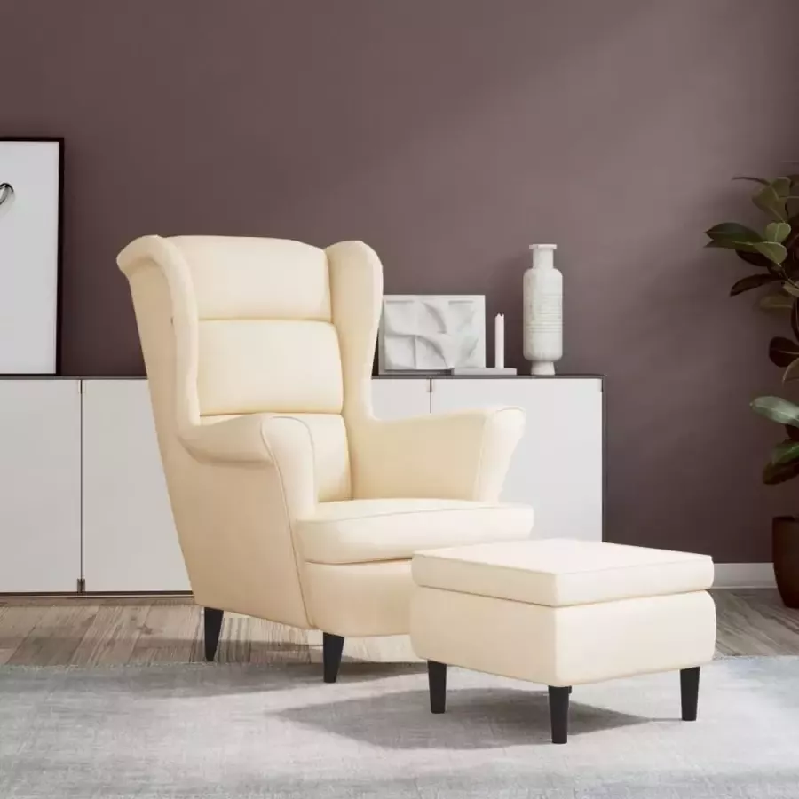 VidaXL Fauteuil met gevleugelde rugleuning en kruk crème fluweel