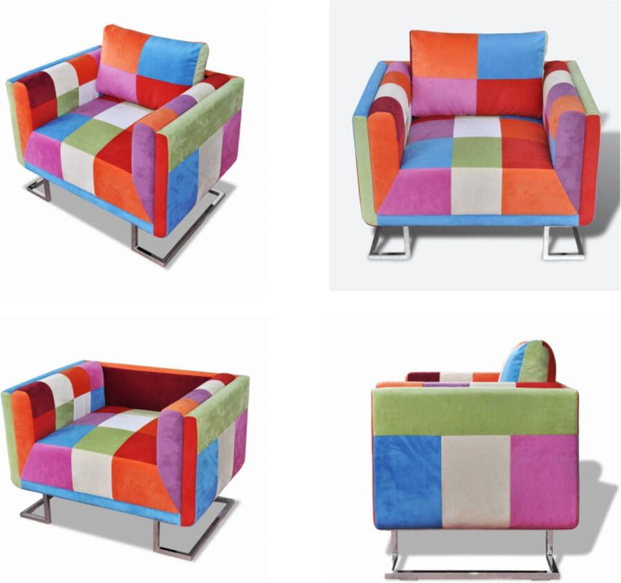 VidaXL Fauteuil met patchwork ontwerp en verchroomde poten kubus stof Fauteuils Stoel Stoelen