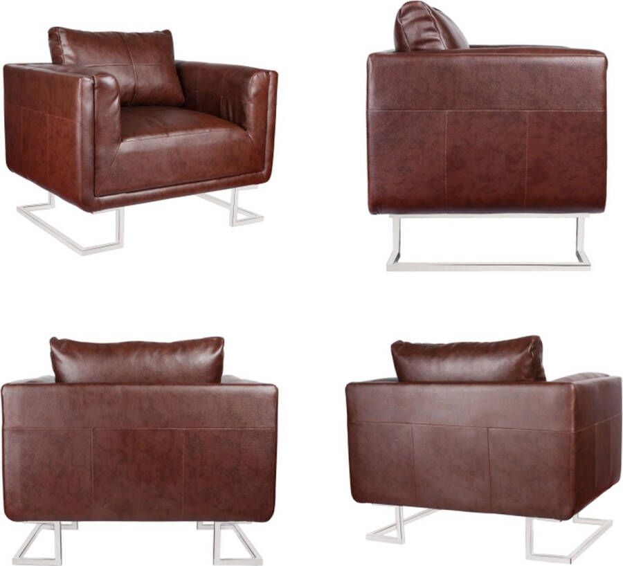 VidaXL Fauteuil met verchroomde poten kubus kunstleer bruin Fauteuils Stoel Stoelen - Foto 2