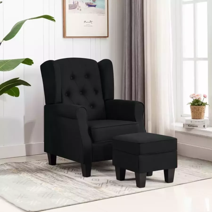 VidaXL Fauteuil met voetenbank stof zwart