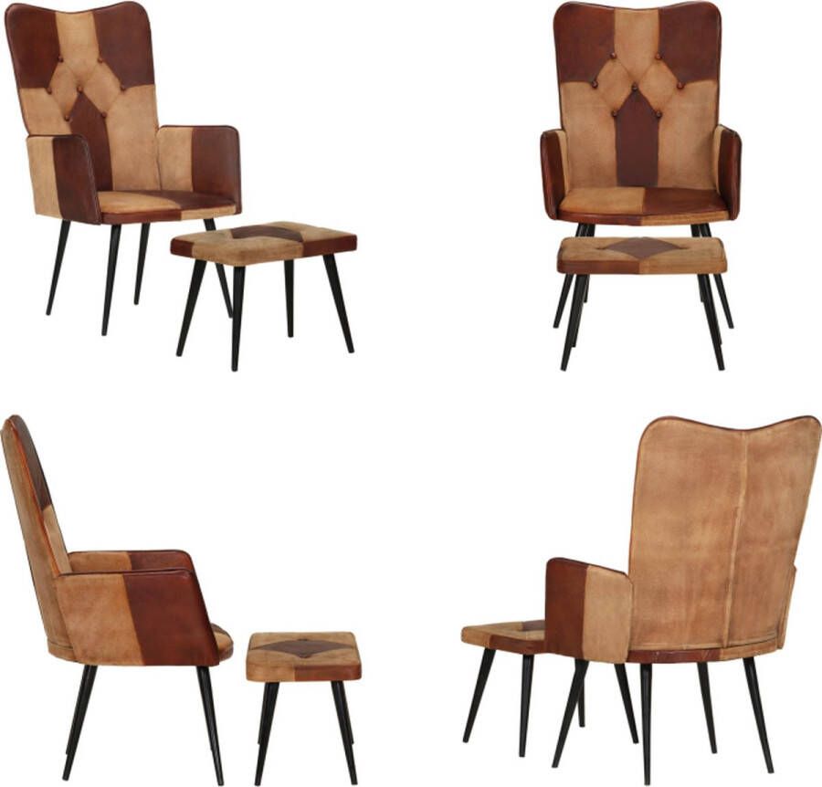 VidaXL Fauteuil met voetensteun echt leer en canvas bruin Fauteuil Met Voetenbank Fauteuils Met Voetenbanken Zetel Met Voetenbankje Zetel