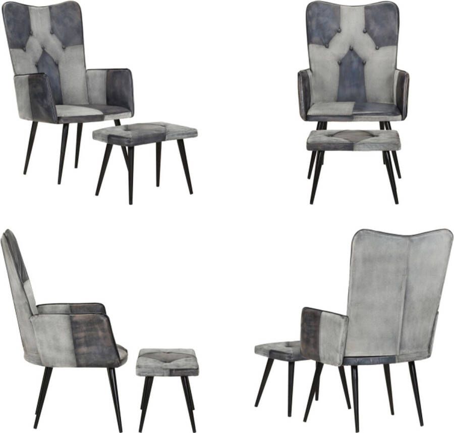 VidaXL Fauteuil met voetensteun echt leer en canvas grijs Fauteuil Met Voetenbank Fauteuils Met Voetenbanken Zetel Met Voetenbankje Zetel