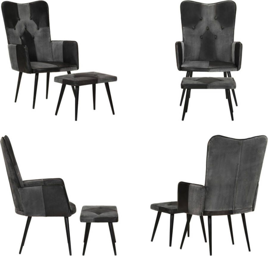 VidaXL Fauteuil met voetensteun echt leer en canvas zwart Fauteuil Met Voetenbank Fauteuils Met Voetenbanken Zetel Met Voetenbankje Zetel