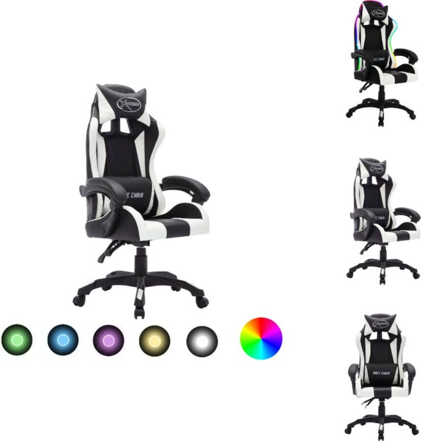 VidaXL Kantoorstoel Kantoorstoelen Kantoor Stoel Kantoor Stoelen Racestoel met RGB LED-verlichting kunstleer wit en zwart