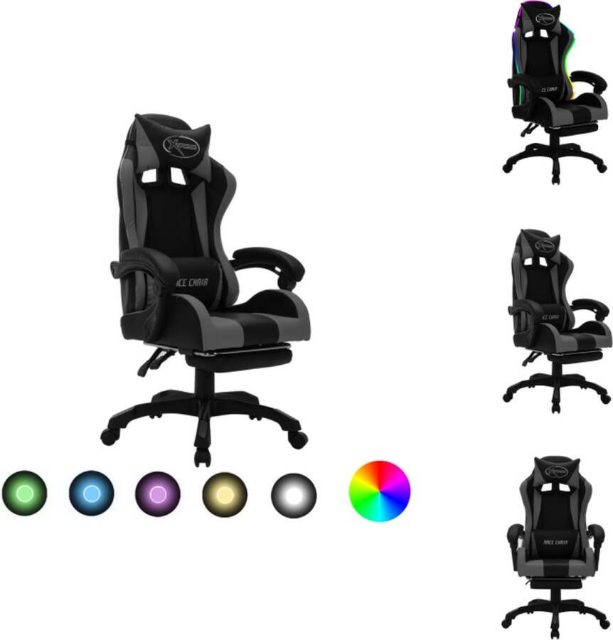 VidaXL Kantoorstoel Kantoorstoelen Kantoor Stoel Kantoor Stoelen Racestoel met RGB LED-verlichting kunstleer grijs en zwart