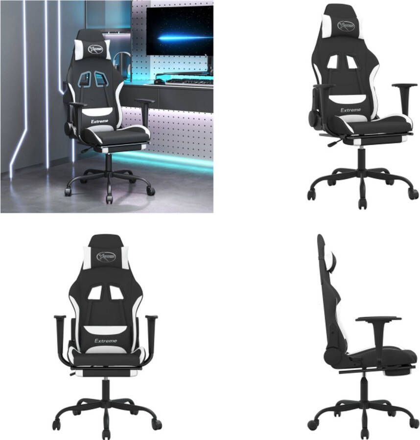 VidaXL Gamestoel met voetensteun stof zwart en wit Gamingstoel Gamingstoelen Televisiestoel Racingstoel