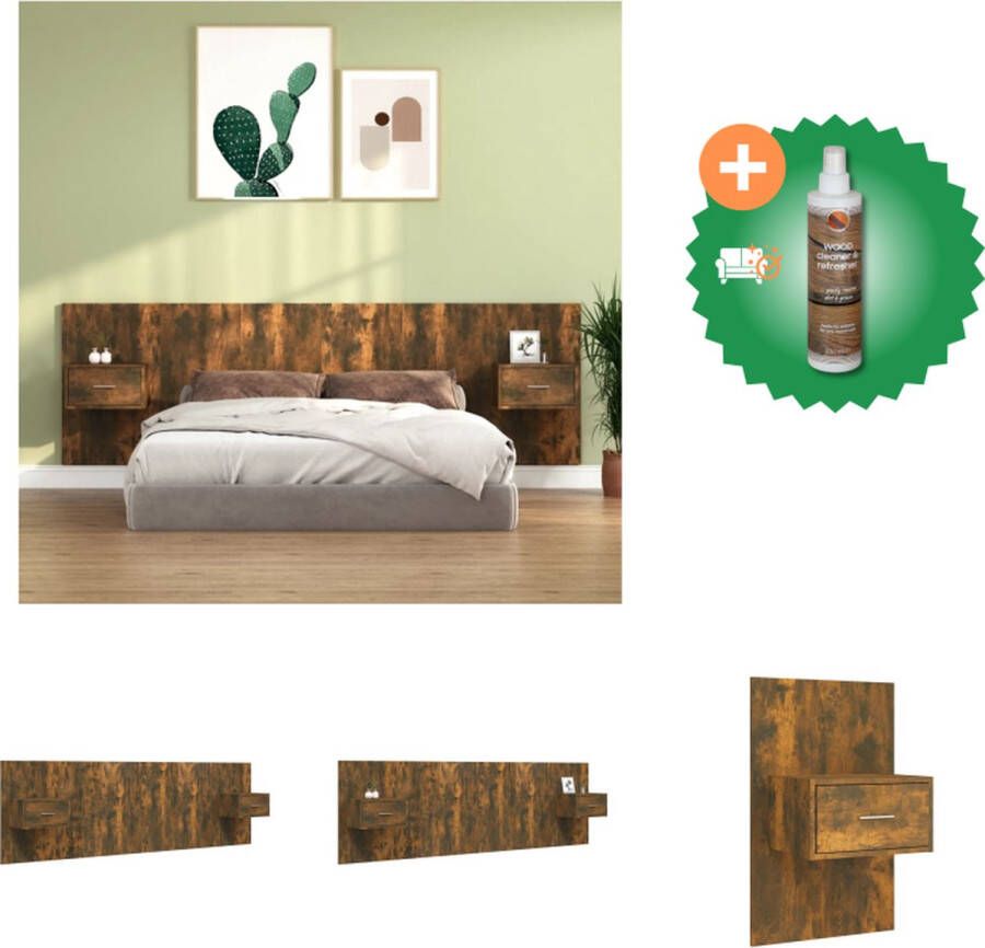 VidaXL Nachtkastje en Hoofdbord Gerookt Eiken Opbergruimte Wandmontage Bewerkt Hout 48.5 x 32.5 x 80 cm Montage vereist Levering bevat 2 x Nachtkastje 1 x Hoofdbord Bedonderdeel Inclusief Houtreiniger en verfrisser - Foto 3