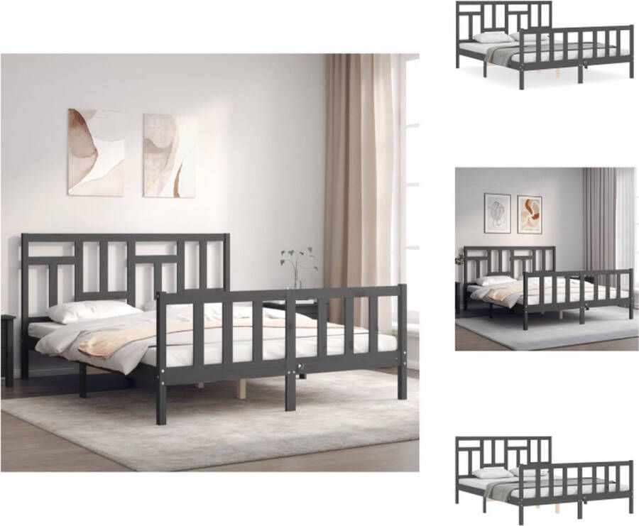 VidaXL Grenenhouten Bedframe Grijs 205.5 x 165.5 x 100 cm Multiplex lattenbodem Functioneel hoofd- en voeteneinde Montage vereist Bed