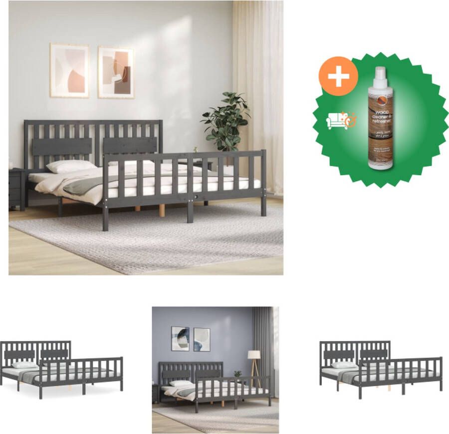 VidaXL Grenenhouten Bedframe Grijs 205.5 x 185.5 x 100 cm (LxBxH) Multiplex lattenbodem Functioneel hoofd- en voeteneinde Excl matras Montage vereist Bed Inclusief Houtreiniger en verfrisser