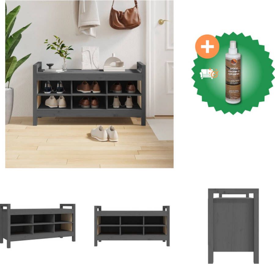 VidaXL Halbank Massief Grenenhout Grijs 110x40x60 cm Met 6 vakken en praktisch blad Hocker Inclusief Houtreiniger en verfrisser