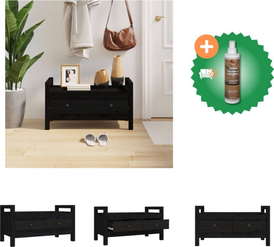 VidaXL Halbank Massief Grenenhout Zwart 80 x 40 x 43 cm Opbergruimte Praktisch blad Hocker Inclusief Houtreiniger en verfrisser