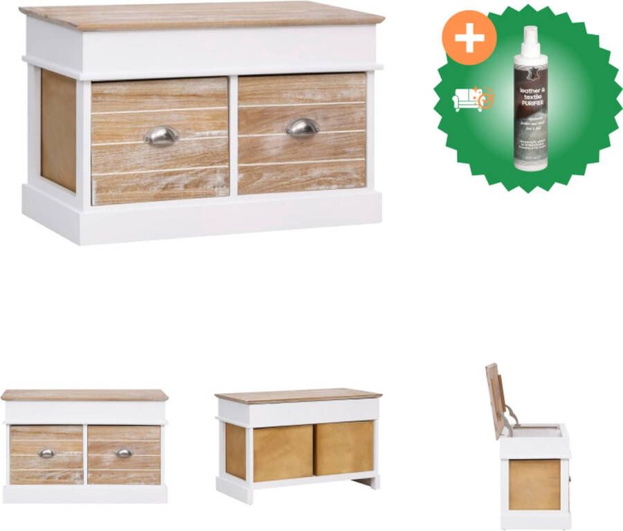 VidaXL Halbank Paulowniahout en MDF 70 x 35 x 45 cm Wit en houtkleurig Met opbergruimte Hocker Inclusief Reiniger