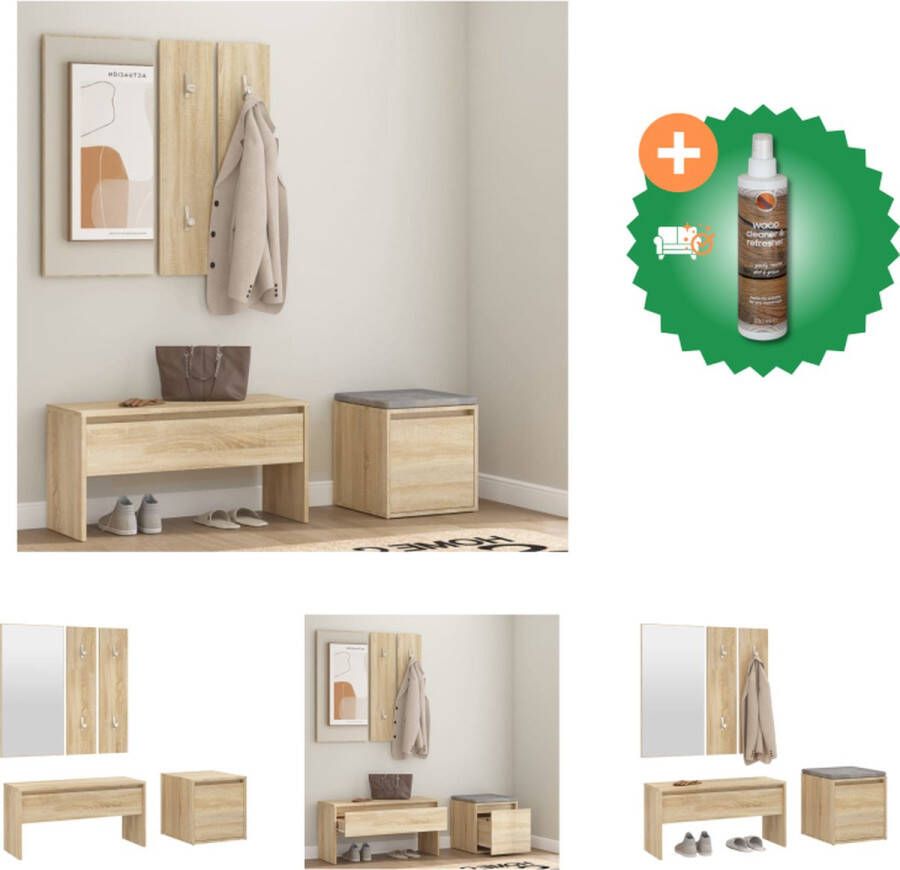VidaXL Gangkastenset Sonoma Eiken Halbank Spiegel Kapstokpanelen Plantenbak Opbergbox met Lade Kast Inclusief Houtreiniger en verfrisser