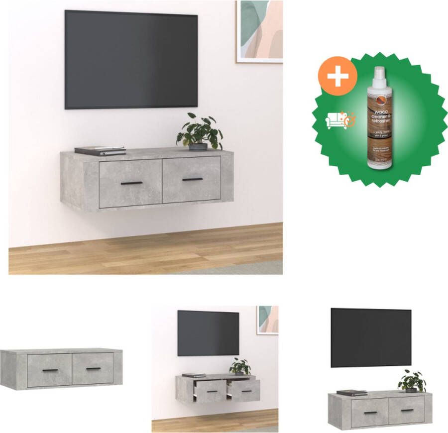 VidaXL Hangend TV-meubel Betongrijs 80 x 36 x 25 cm Duurzaam hout 2 lades Kast Inclusief Houtreiniger en verfrisser