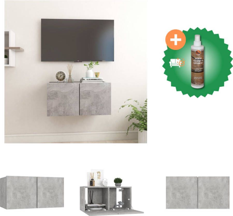 VidaXL Hangende TV-kast Betongrijs 60 x 30 x 30 cm Hifi-kast met 2 vakken Kast Inclusief Houtreiniger en verfrisser