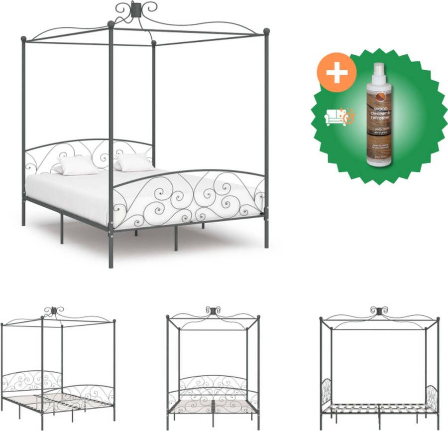 VidaXL Hemelbed Metaal Grijs 211x189x227cm Metalen Hemelbedframe Stevig en Duurzaam Bed Inclusief Houtreiniger en verfrisser