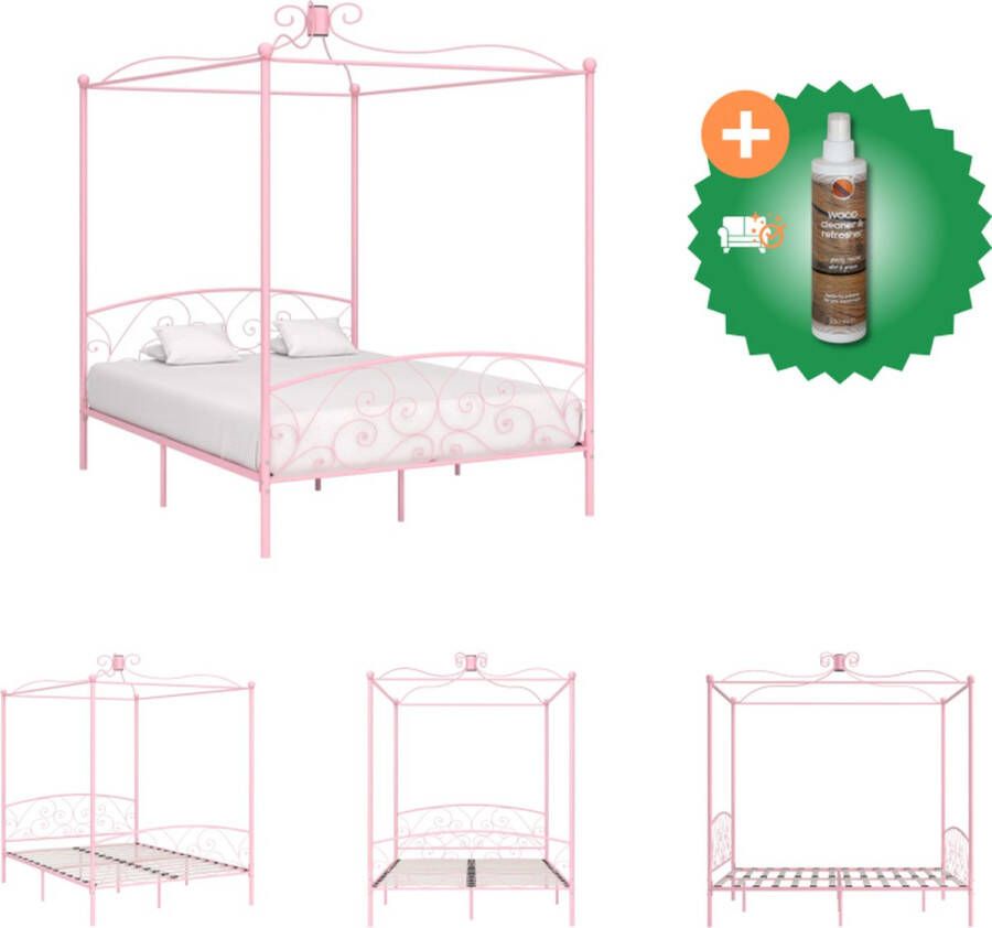VidaXL Hemelbed Metaal Roze 211x169x227cm Massief en Stevig Geschikt voor 160x200cm Matras Inclusief Lattenbodem Bedhemel Klaar Bed Inclusief Houtreiniger en verfrisser