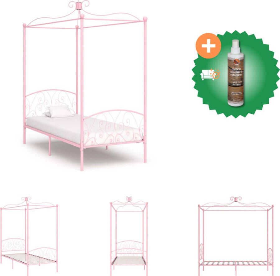 VidaXL Hemelbed Metalen Frame 211 x 109 x 227 cm Roze Geschikt voor matras 100 x 200 cm Verfijnd design Bed Inclusief Houtreiniger en verfrisser