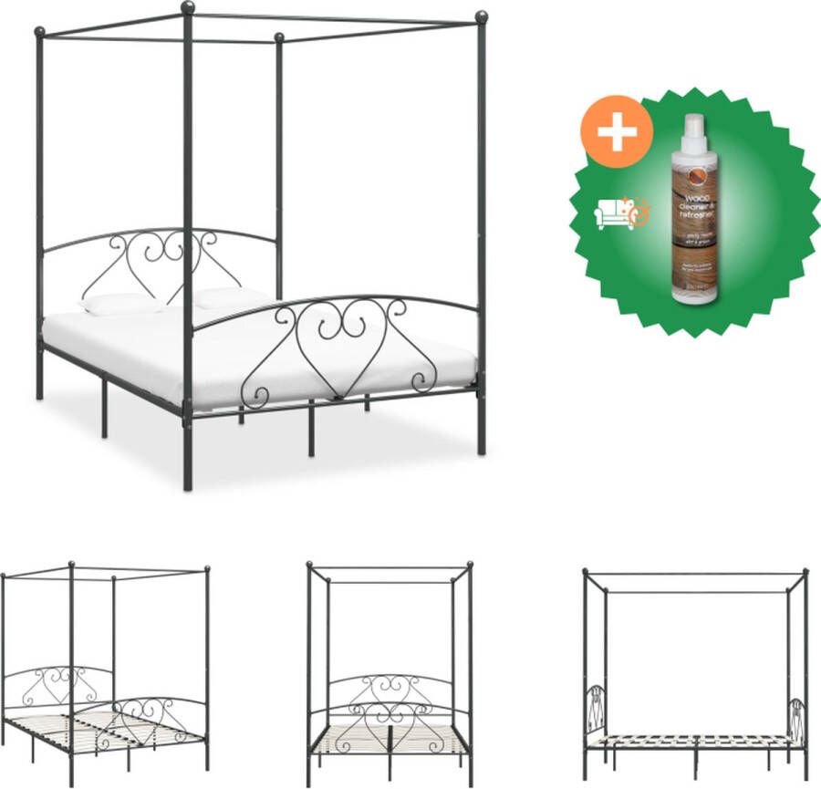 VidaXL Hemelbedframe Grijs Metaal 209 x 147.5 x 198 cm Massief en duurzaam Inclusief lattenbodem Geschikt voor matras 140 x 200 cm Bed Inclusief Houtreiniger en verfrisser