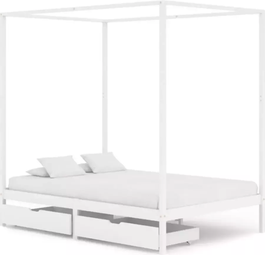 VidaXL -Hemelbedframe-met-2-lades-massief-grenenhout-wit-140x200-cm
