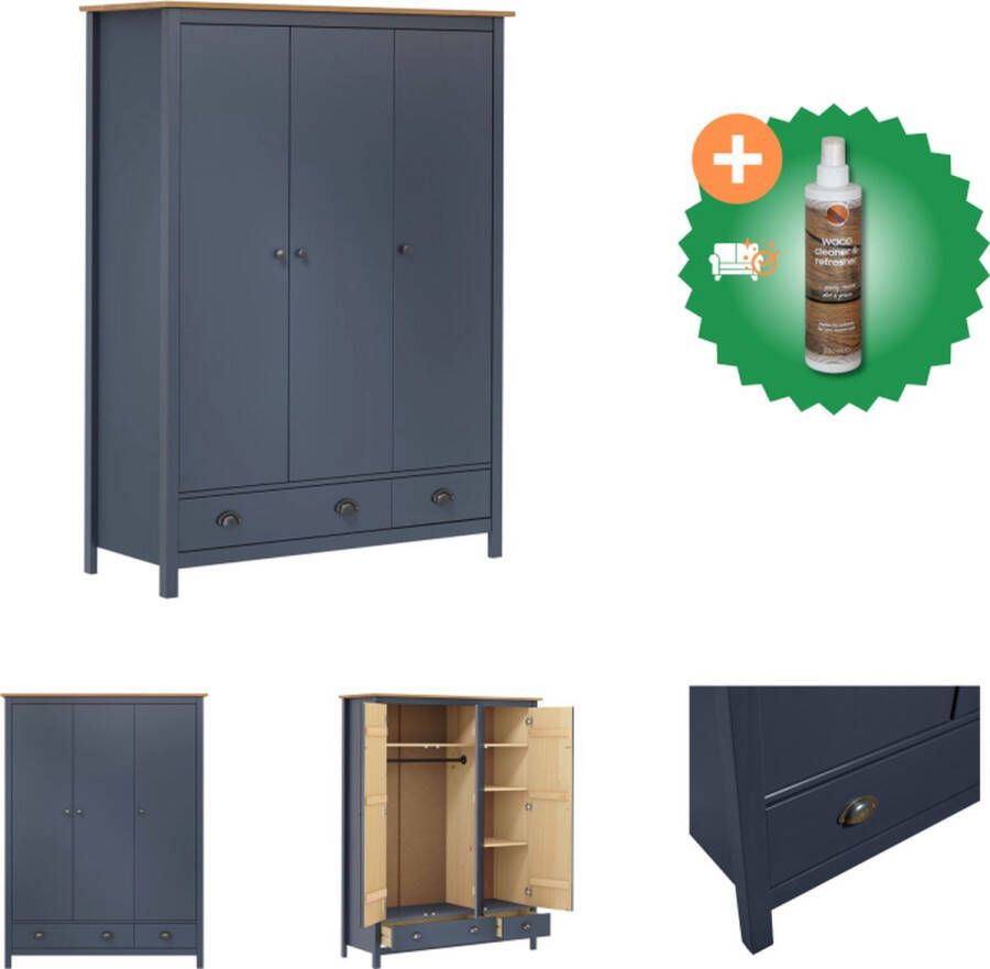 VidaXL Kledingkast Hill 3 deuren 127x50x170 cm grenenhout grijs Kast Inclusief Houtreiniger en verfrisser