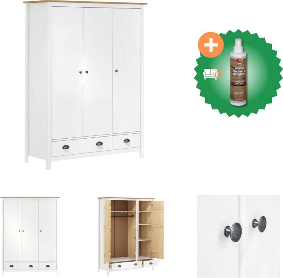 VidaXL Kledingkast Hill 3 deuren 127x50x170 cm massief grenenhout wit Kast Inclusief Houtreiniger en verfrisser