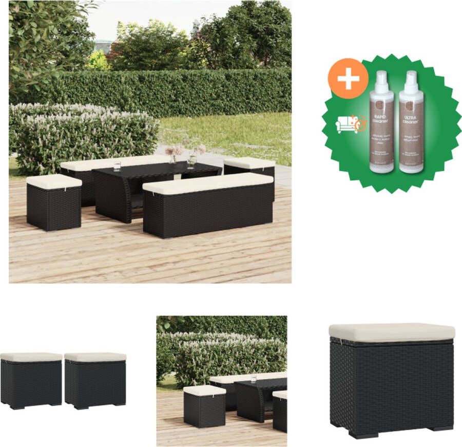 VidaXL Hocker PE Rattan Zwart 40x30x40 cm Schuimkussen Crèmewit Geschikt voor binnen en buiten Levering bevat 2 hockers en 2 kussens Poef Inclusief Onderhoudsset