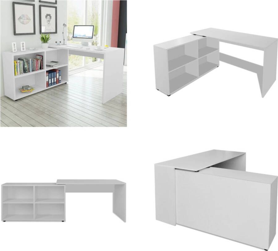 VidaXL Hoekbureau 4 schappen wit Hoekbureau Bureau Laptopstandaard Schrijfbureau Houten Bureau Wit Bureau Compact Bureau Multifunctioneel Bureau Home Office Bureau Bureaus Schrijfbureau Schrijfbureaus