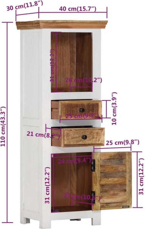 VIDAXL Hoge kast 40x30x110 cm massief mango- en acaciahout bruin wit - Foto 2