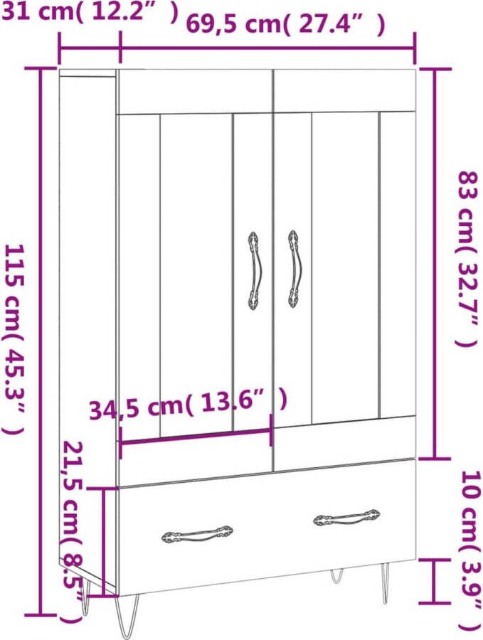 Prolenta Premium INFIORI Hoge kast 69 5x31x115 cm bewerkt hout gerookt eikenkleurig - Foto 2