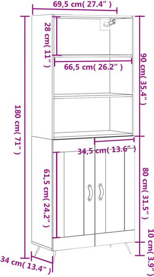 VidaXL -Hoge-kast-69 5x34x180-cm-bewerkt-hout-betongrijs - Foto 2