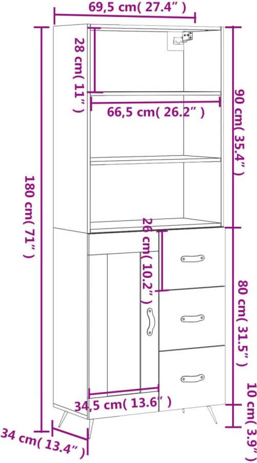 VidaXL -Hoge-kast-69 5x34x180-cm-bewerkt-hout-hoogglans-wit - Foto 2