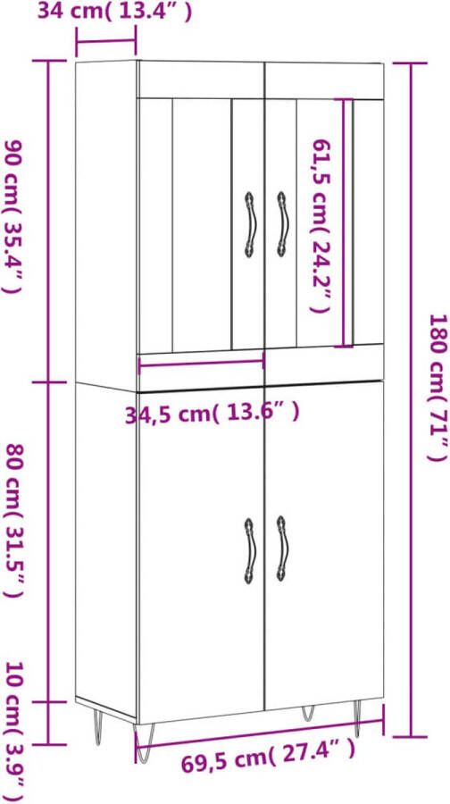 VidaXL -Hoge-kast-69 5x34x180-cm-bewerkt-hout-zwart - Foto 16