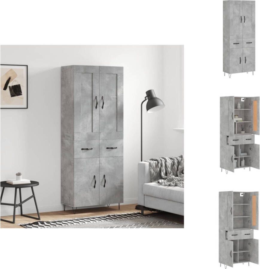 VidaXL Hoge Kast Betongrijs 69.5 x 34 x 180 cm Duurzaam hout Praktische deuren Metalen voeten Keukenkast