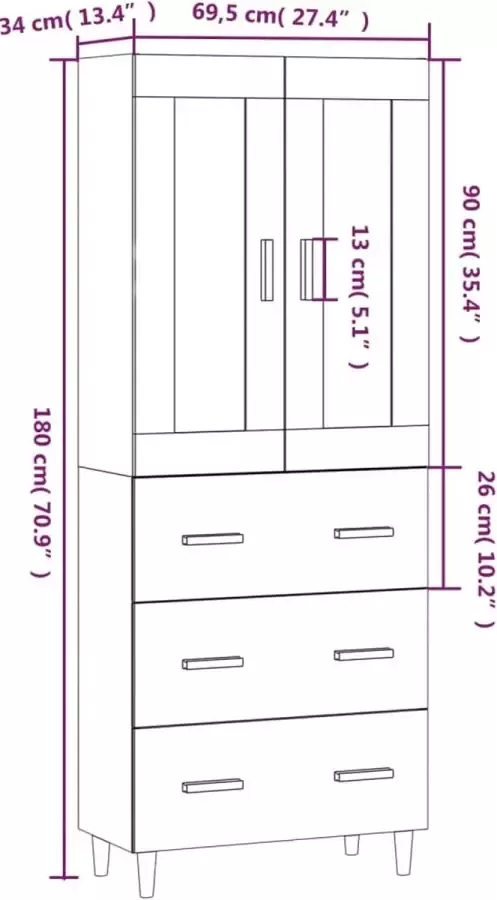 VidaXL Hoge kast bewerkt hout betongrijs - Foto 2