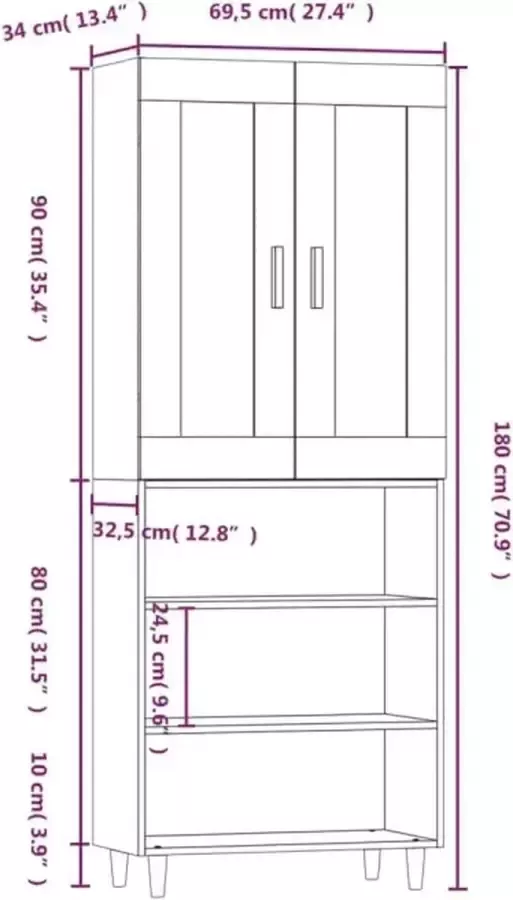 VidaXL Hoge kast bewerkt hout gerookt eikenkleurig - Foto 4