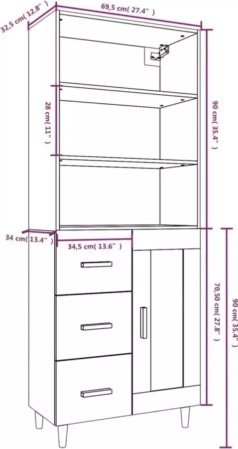 VidaXL Hoge kast bewerkt hout wit - Foto 5