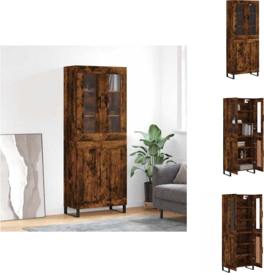 VidaXL Hoge Kast Gerookt Eiken Bewerkt hout glas en metaal 69.5 x 34 x 180 cm (B x D x H) Keukenkast