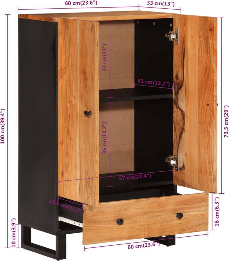 VidaXL -Hoge-kast-met-lade-60x33x100-cm-massief-acaciahout-en-ijzer