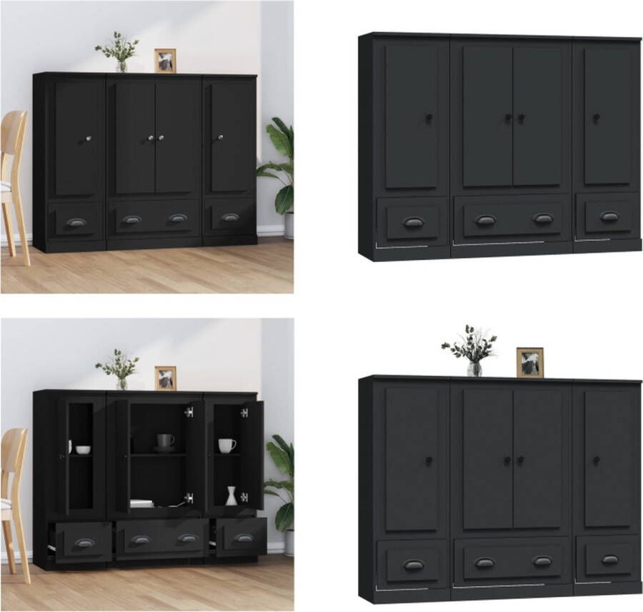 VidaXL Hoge kasten 3 st bewerkt hout zwart Hoge Kast Hoge Kasten Dressoir Kast
