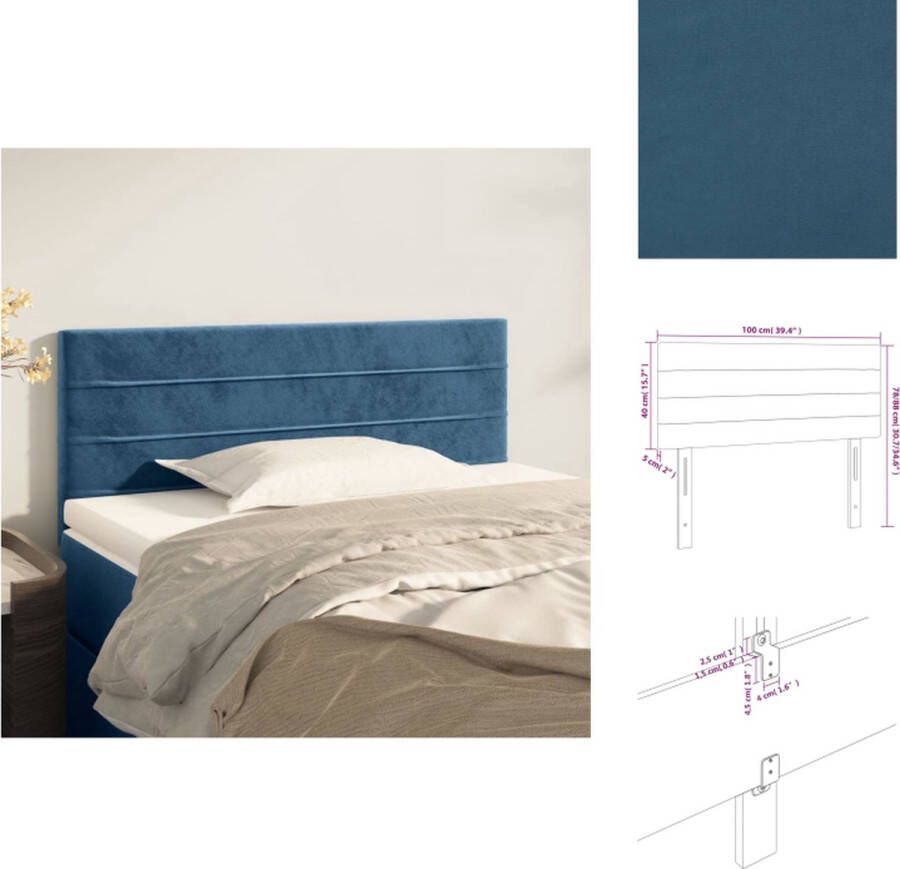 VidaXL Hoofdbord Klassiek Stijlvol Zacht Fluweel Stevige Poten Verstelbare Hoogte Comfortabele Ondersteuning Kleur- Donkerblauw Materiaal- 100% Polyester Afmetingen- 100 x 5 x 78 88 cm Bedonderdeel