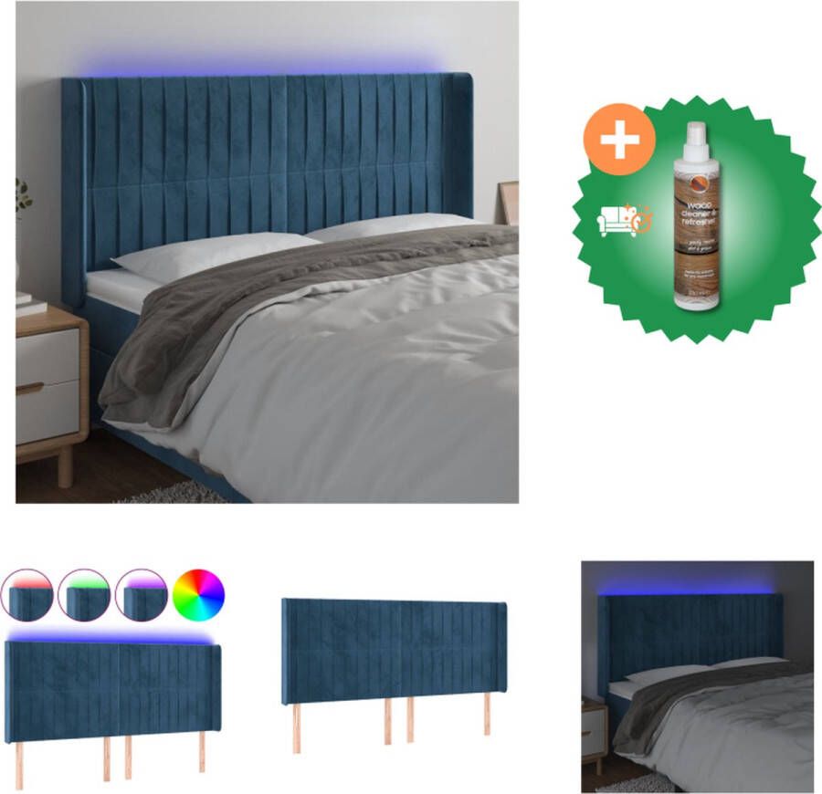 VidaXL Hoofdbord Dark Blue Velvet 163x16x118 128cm Adjustable Height Comfortable Support Cuttable LED Strip USB Connection Includes Manual 2 LED Strips Bedonderdeel Inclusief Houtreiniger en verfrisser