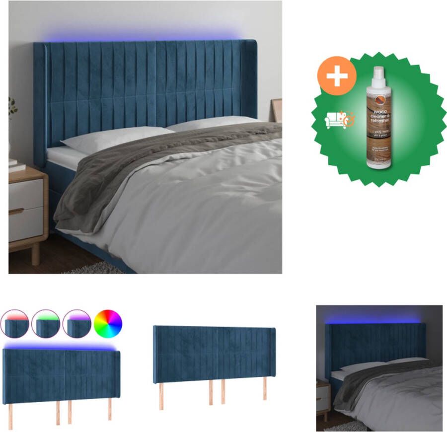 VidaXL Hoofdbord Donkerblauw LED Verlichting Verstelbaar Fluweel 183 x 16 x 118 128 cm Bedonderdeel Inclusief Houtreiniger en verfrisser