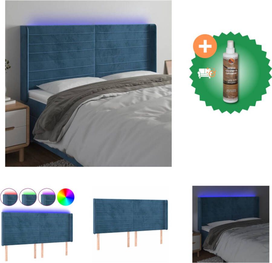 VidaXL Hoofdbord Donkerblauw LED-verlichting Verstelbare hoogte Fluwelen stof 203x16x118 128 cm Bedonderdeel Inclusief Houtreiniger en verfrisser - Foto 2